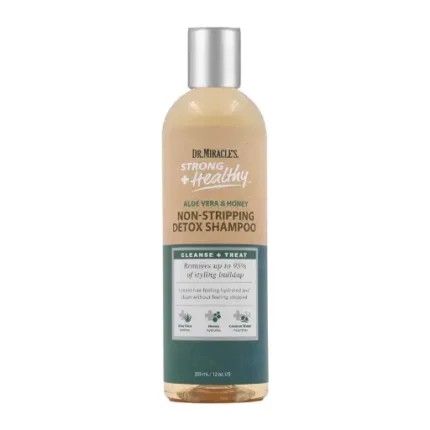 Dr. Miracle's Strong & Healthy Non Stripping Detox Shampoo. Contains Aloe Vera, Honey and Coconut Water to combat dryness, shedding and breakage to support healthy hair and a thriving scalp.