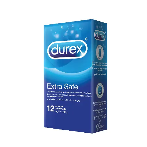 Durex Extra Safe Condom pack of 12, easy on transparent, slightly thicker with extra lube