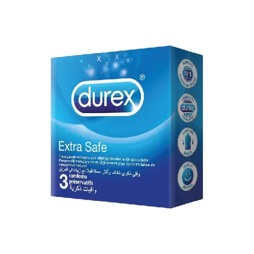 Durex Extra Safe Condom pack of 3, easy on transparent, slightly thicker with extra lube