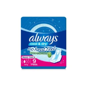 Always Cool & Dry, No Heat Feel, Maxi Thick, Long Sanitary Pads With Wings, 9 Pad Count