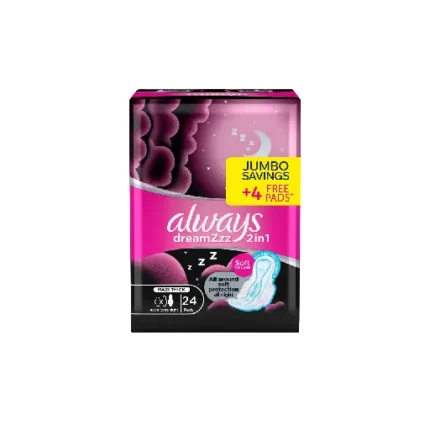 Always Dreamzzz 2in1, Feather Soft, Maxi Thick, Extra Long Sanitary Pads with Wings, 24 Pads