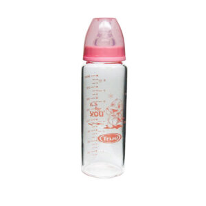 True Gold 2019102 Pure Glass bottle 240ml  with silicon teat 3 m color pink