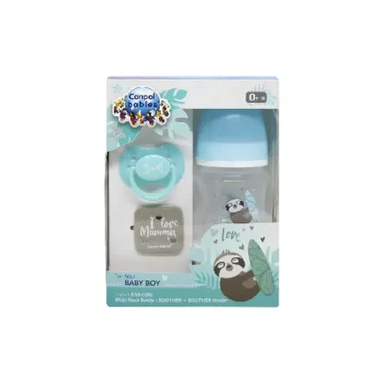 Canpol babies 0102 Newborn set Exotic Animal: Includes Easystart wide neck bottle 120ml-PP- with silicon teat 0+m, Silicon symmetric soother size 0-6m, soother holder, all BPA Free- color Mint