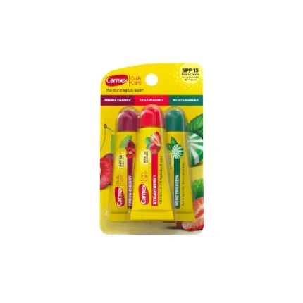 Carmex Daily Care Moisturizing Lip Balm Tubes with SPF, Fresh Cherry, Strawberry and Wintergreen Lip Balmo