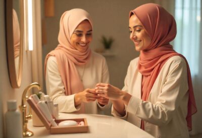 Title: Top Women's Grooming Kits for Salon-Smooth Skin at Home Subject: A warm, inviting home bathroom setting. Focus on two young women wearing beautifully styled, colorful hijabs (e.g., one in soft coral chiffon, another in deep teal jersey), their faces showing relaxed contentment. They are actively engaged with premium home grooming kits laid out on a clean, well-lit vanity. Action: One woman gently applies a rich body cream to her forearm, showcasing smooth skin. The other carefully examines a high-quality facial tool (like a jade roller or silicone cleansing device) from her kit. Details: The kits are open, revealing luxurious skincare items (serums, moisturizers), specialized tools (dermaplaner, exfoliating mitts), and perhaps a sleek razor handle. Soft, natural light highlights the textures of their hijab fabrics, the gleam of the grooming tools, and the promise of smooth, radiant skin. Focus is above the shoulders/upper body, emphasizing their expressions, hijabs, and the kits/products in their hands. No full-body shots. Atmosphere is cozy, modern, and focused on self-care empowerment at home. Style: Lifestyle photography, warm tones, shallow depth of field, authentic and aspirational. Key elements covered: Hijab Representation: Central, positive, diverse fabrics/colors. Grooming Kits: Clearly visible, high-quality, with skin-focused contents. "Salon-Smooth Skin" Focus: Action (applying cream) and tools imply the result. At-Home Setting: Vanity, cozy bathroom ambiance. No Humans Fully Shown: Focused shots on upper body/hands/hijabs/kits. Empowerment & Care: Relaxed expressions, intentional actions, quality products. Visual Appeal: Warm light, textures, clean composition. This prompt provides clear visual direction for culturally inclusive imagery centered on home skincare routines.
