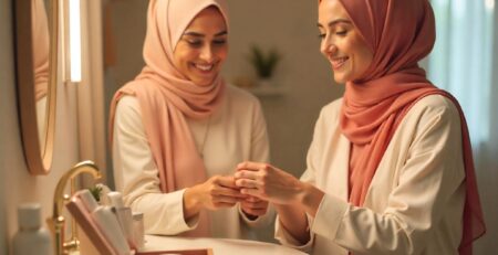 Title: Top Women's Grooming Kits for Salon-Smooth Skin at Home Subject: A warm, inviting home bathroom setting. Focus on two young women wearing beautifully styled, colorful hijabs (e.g., one in soft coral chiffon, another in deep teal jersey), their faces showing relaxed contentment. They are actively engaged with premium home grooming kits laid out on a clean, well-lit vanity. Action: One woman gently applies a rich body cream to her forearm, showcasing smooth skin. The other carefully examines a high-quality facial tool (like a jade roller or silicone cleansing device) from her kit. Details: The kits are open, revealing luxurious skincare items (serums, moisturizers), specialized tools (dermaplaner, exfoliating mitts), and perhaps a sleek razor handle. Soft, natural light highlights the textures of their hijab fabrics, the gleam of the grooming tools, and the promise of smooth, radiant skin. Focus is above the shoulders/upper body, emphasizing their expressions, hijabs, and the kits/products in their hands. No full-body shots. Atmosphere is cozy, modern, and focused on self-care empowerment at home. Style: Lifestyle photography, warm tones, shallow depth of field, authentic and aspirational. Key elements covered: Hijab Representation: Central, positive, diverse fabrics/colors. Grooming Kits: Clearly visible, high-quality, with skin-focused contents. "Salon-Smooth Skin" Focus: Action (applying cream) and tools imply the result. At-Home Setting: Vanity, cozy bathroom ambiance. No Humans Fully Shown: Focused shots on upper body/hands/hijabs/kits. Empowerment & Care: Relaxed expressions, intentional actions, quality products. Visual Appeal: Warm light, textures, clean composition. This prompt provides clear visual direction for culturally inclusive imagery centered on home skincare routines.