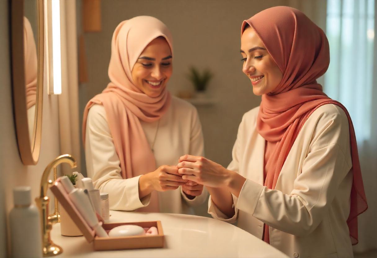 Title: Top Women's Grooming Kits for Salon-Smooth Skin at Home Subject: A warm, inviting home bathroom setting. Focus on two young women wearing beautifully styled, colorful hijabs (e.g., one in soft coral chiffon, another in deep teal jersey), their faces showing relaxed contentment. They are actively engaged with premium home grooming kits laid out on a clean, well-lit vanity. Action: One woman gently applies a rich body cream to her forearm, showcasing smooth skin. The other carefully examines a high-quality facial tool (like a jade roller or silicone cleansing device) from her kit. Details: The kits are open, revealing luxurious skincare items (serums, moisturizers), specialized tools (dermaplaner, exfoliating mitts), and perhaps a sleek razor handle. Soft, natural light highlights the textures of their hijab fabrics, the gleam of the grooming tools, and the promise of smooth, radiant skin. Focus is above the shoulders/upper body, emphasizing their expressions, hijabs, and the kits/products in their hands. No full-body shots. Atmosphere is cozy, modern, and focused on self-care empowerment at home. Style: Lifestyle photography, warm tones, shallow depth of field, authentic and aspirational. Key elements covered: Hijab Representation: Central, positive, diverse fabrics/colors. Grooming Kits: Clearly visible, high-quality, with skin-focused contents. "Salon-Smooth Skin" Focus: Action (applying cream) and tools imply the result. At-Home Setting: Vanity, cozy bathroom ambiance. No Humans Fully Shown: Focused shots on upper body/hands/hijabs/kits. Empowerment & Care: Relaxed expressions, intentional actions, quality products. Visual Appeal: Warm light, textures, clean composition. This prompt provides clear visual direction for culturally inclusive imagery centered on home skincare routines.