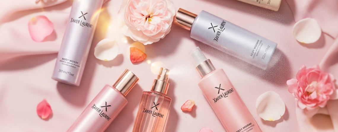 A soft, elegant flat lay featuring Xavier Laurent women’s body spray bottles in pastel or rose gold tones, arranged on a light pink or satin-textured background. Add delicate elements like flower petals, soft fabric, or glowing light flares to evoke femininity and charm. One spray bottle should have a fine mist in action to highlight the freshness. Keep the aesthetic romantic, graceful, and modern. No text or branding.