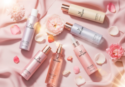 A soft, elegant flat lay featuring Xavier Laurent women’s body spray bottles in pastel or rose gold tones, arranged on a light pink or satin-textured background. Add delicate elements like flower petals, soft fabric, or glowing light flares to evoke femininity and charm. One spray bottle should have a fine mist in action to highlight the freshness. Keep the aesthetic romantic, graceful, and modern. No text or branding.
