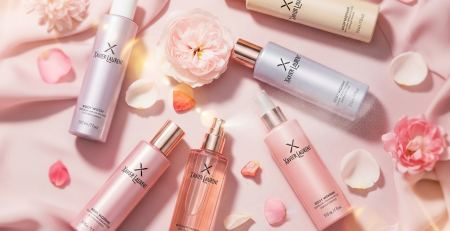 A soft, elegant flat lay featuring Xavier Laurent women’s body spray bottles in pastel or rose gold tones, arranged on a light pink or satin-textured background. Add delicate elements like flower petals, soft fabric, or glowing light flares to evoke femininity and charm. One spray bottle should have a fine mist in action to highlight the freshness. Keep the aesthetic romantic, graceful, and modern. No text or branding.