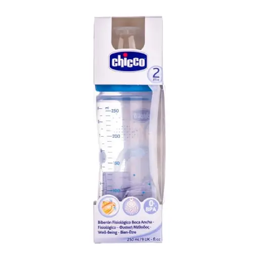 A high-quality feeding bottle by Chicco, with a capacity of 250 ml, specially designed for babies aged 2 months and above.